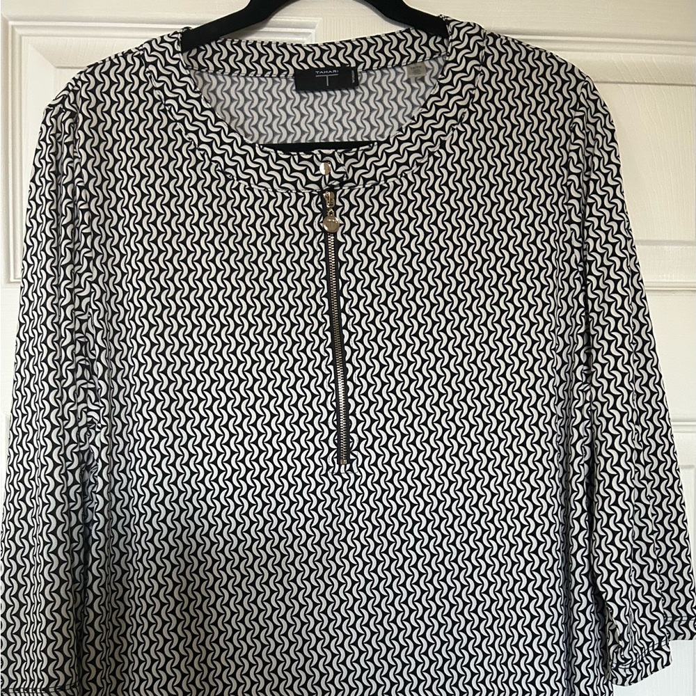 Tahari Black and White Geometric Blouse, hand-wash, stretch polyester